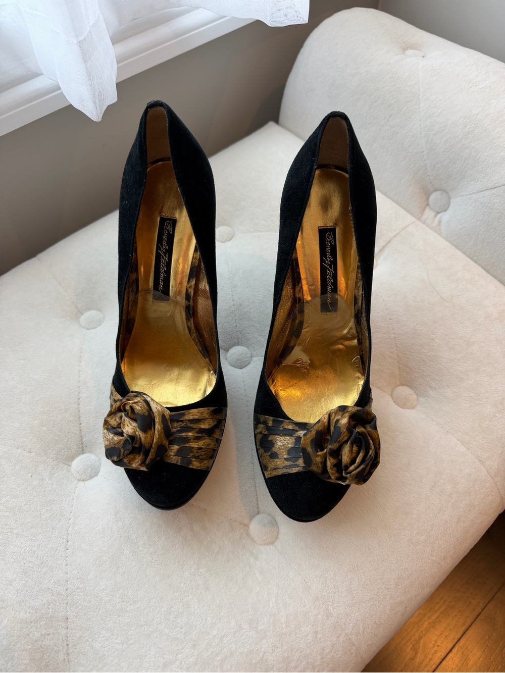 Beverly Feldman Black Suede Pumps with Gold Leopard Rosette